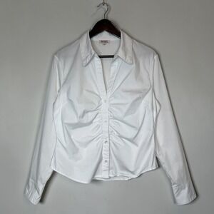 Badgley Mischka Ruched Gathered Button Up Shirt White Wing Collar size Large